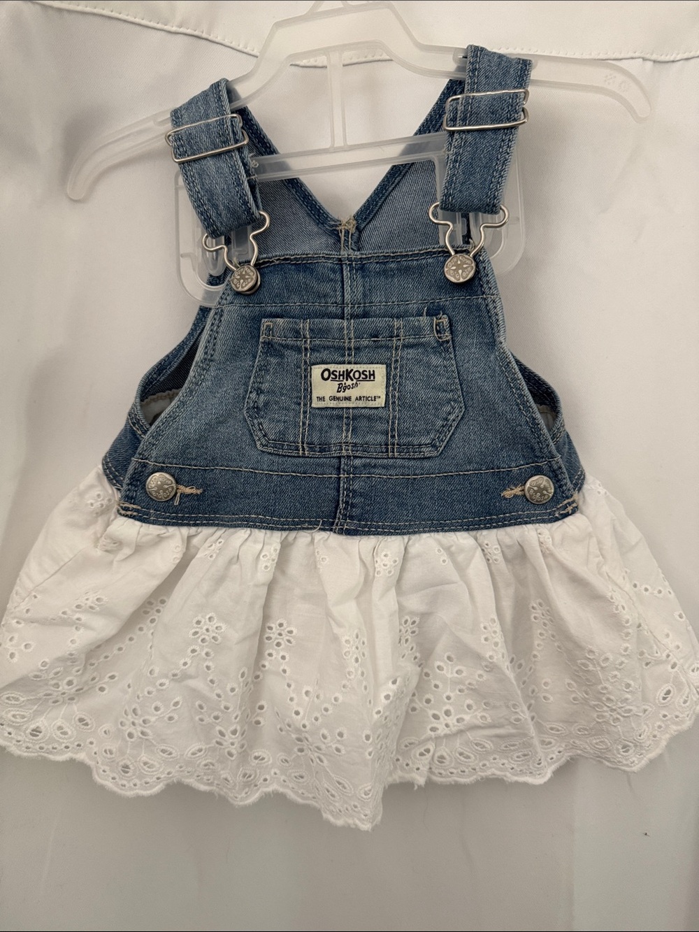 OshKosh B'gosh 6 Months Baby Girl Blue Denim Dress with White Eyelet Skirt